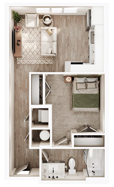 a stylized floor plan with a bedroom and a bathroom